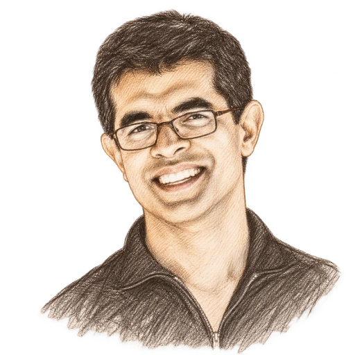 A pencil sketch of Riju P, based on his photograph.