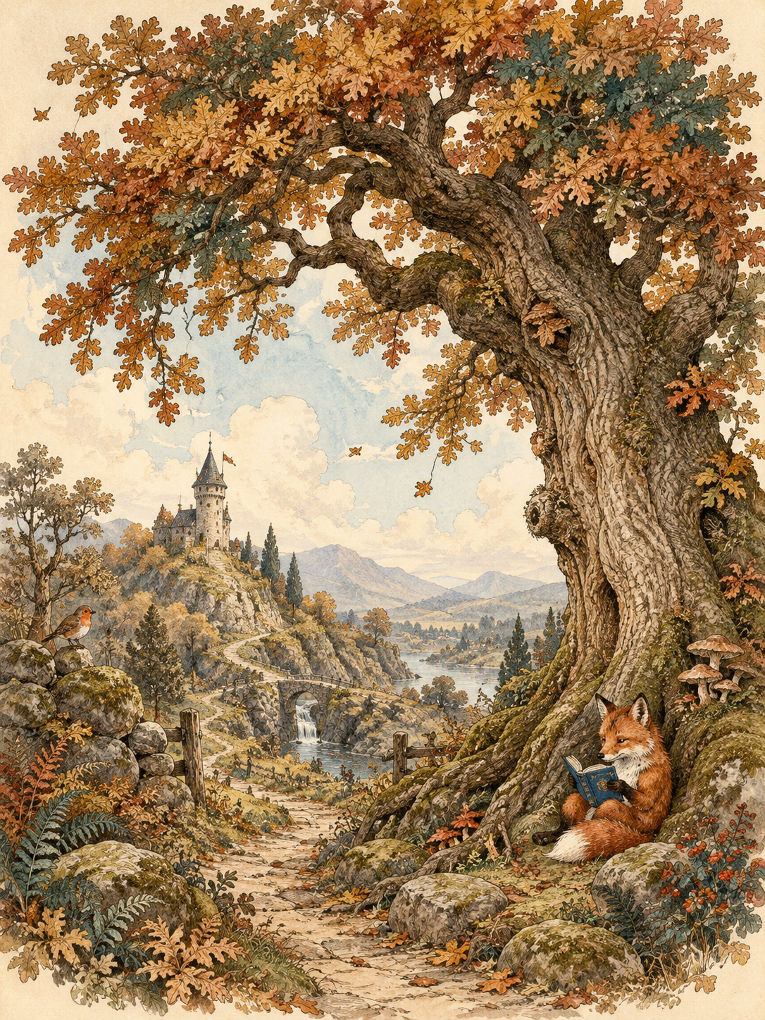 A fox reading beneath an ancient oak, painted in gold, russet and deep teal, with a distant storybook tower.